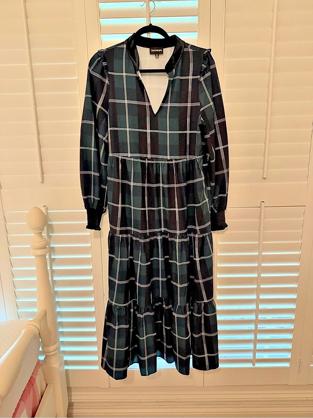 Sugar Lips Plaid Long Sleeve Maxi Dress in Black & Green Size Medium Like New
